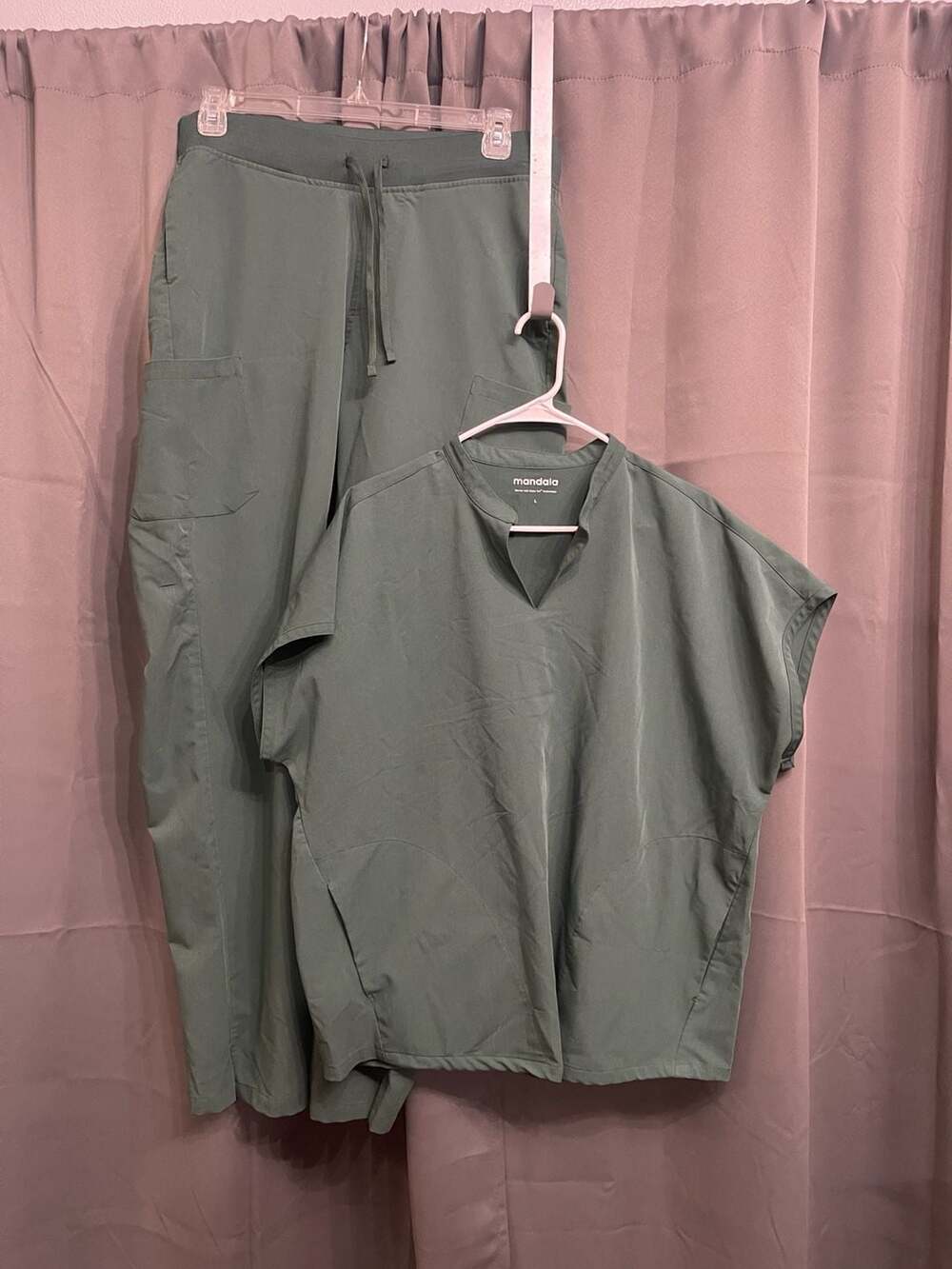 Mandala Scrub Set Mandarin Dolman Top, High Waisted Wide Leg Pants Cool Sage L